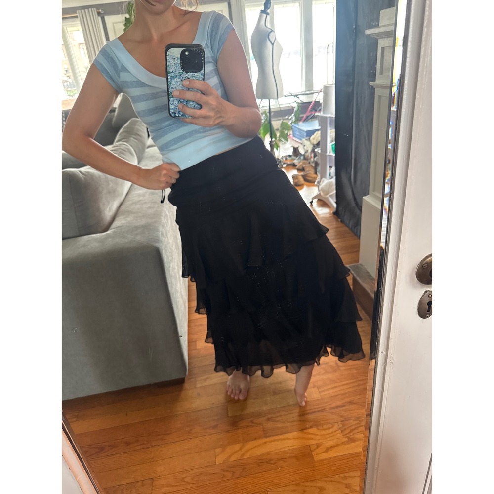 Lauren Ralph Lauren Midi Skirt Womens est Sz 10 Black Silk Ruffle Y2K Vintage